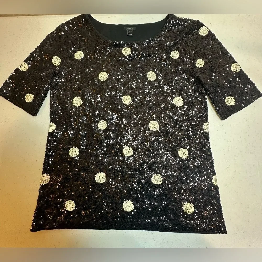 J. Crew XXS 100% Cotton Sequin Polka Dot Short Sleeve Top Party Blouse NWT Black